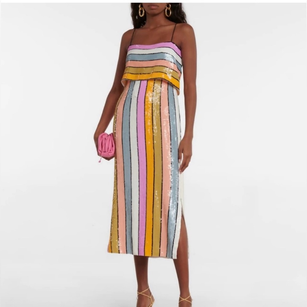 NWT Gianni Bini Halston Multi-Colored Striped Print Sequin Midi Dress Size 8